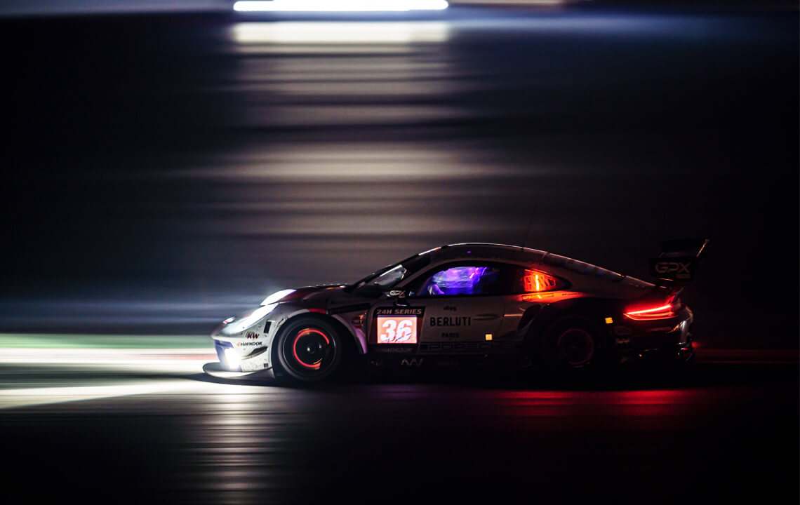 voiture de course sur un circuit la nuit.